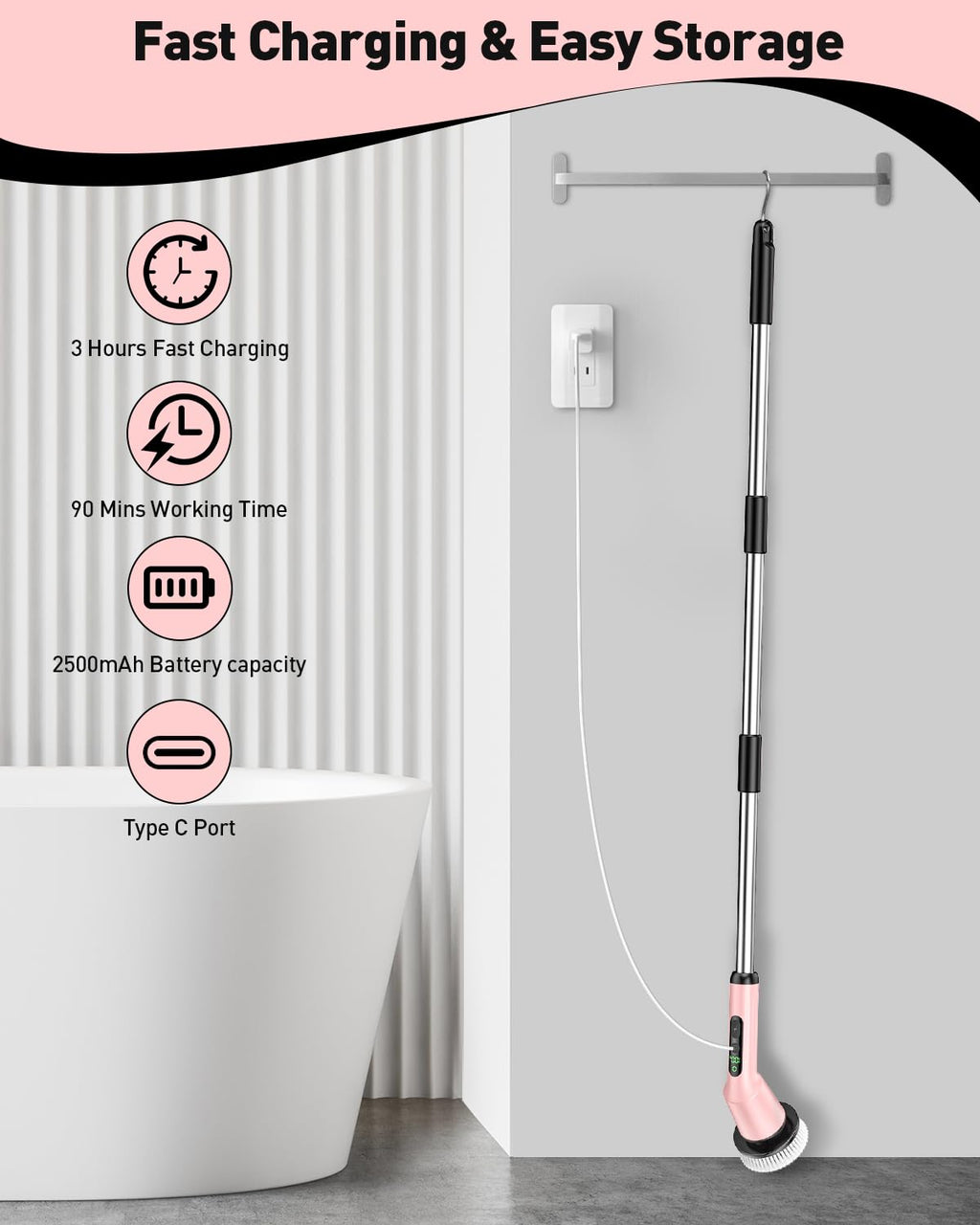 Electric Spin Scrubber for Cleaning Bathroom, Shower Scrubber Cordless Cleaning Brush with IPX7 Waterproof & 2 Speed, 3 Brush Heads, Bathroom Cleaning Supplies for Shower Tub Tile Toilet Grey