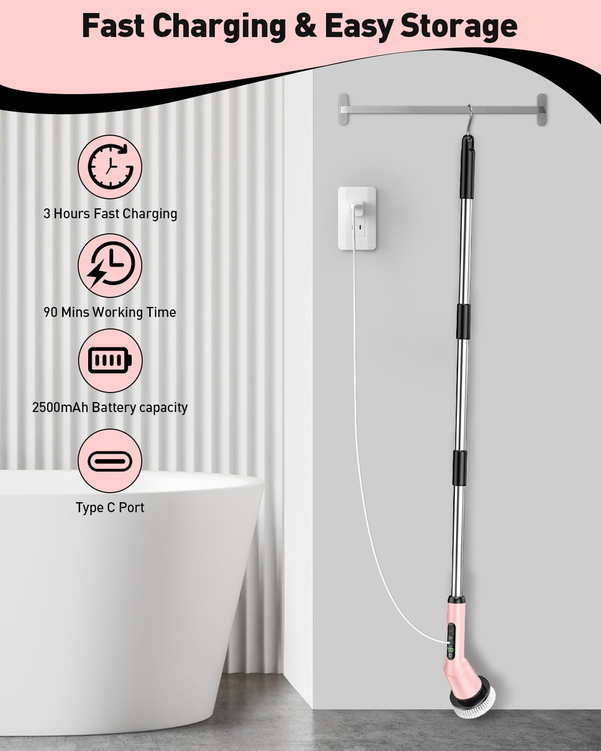 Electric Spin Scrubber for Cleaning Bathroom, Shower Scrubber Cordless Cleaning Brush with IPX7 Waterproof & 2 Speed, 3 Brush Heads, Bathroom Cleaning Supplies for Shower Tub Tile Toilet Grey