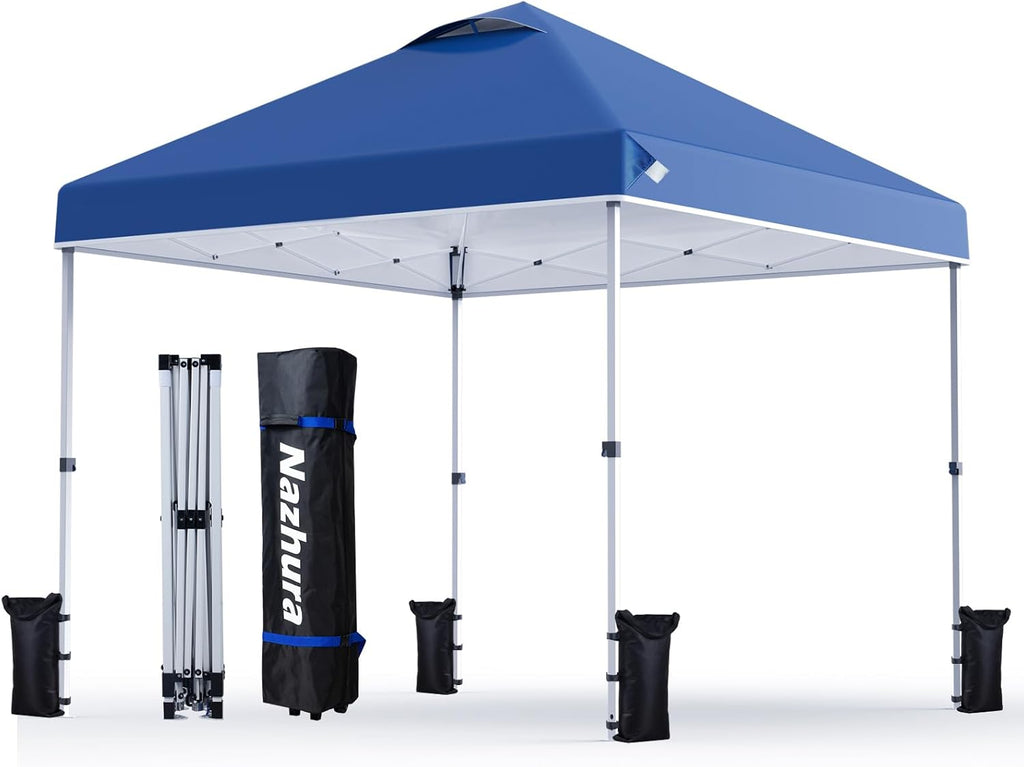 Nazhura 10' x 10' Pop Up Canopy Tent with Sand Weight Bag, Freestanding Sun Shelter for Picnic and Camping, One Person Setup and Height Adjustable (Blue)