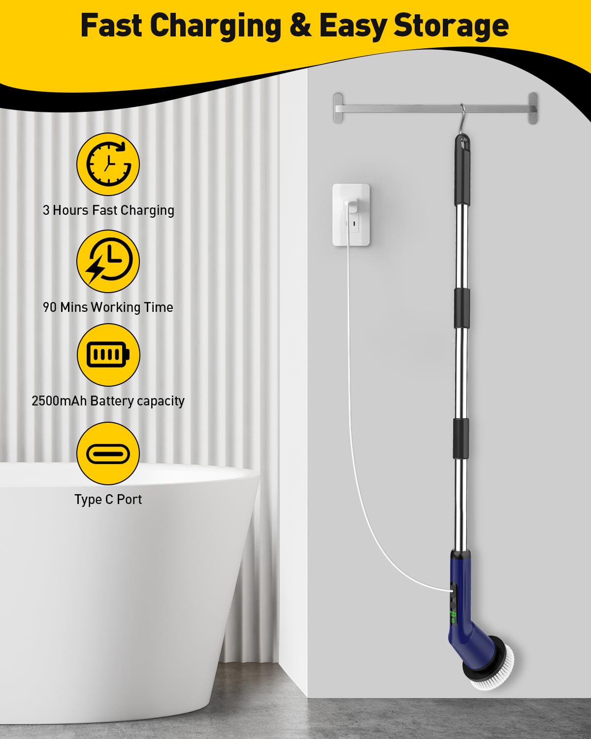 Electric Spin Scrubber for Cleaning Bathroom, Shower Scrubber Cordless Cleaning Brush with IPX7 Waterproof & 2 Speed, 3 Brush Heads, Bathroom Cleaning Supplies for Shower Tub Tile Toilet Grey