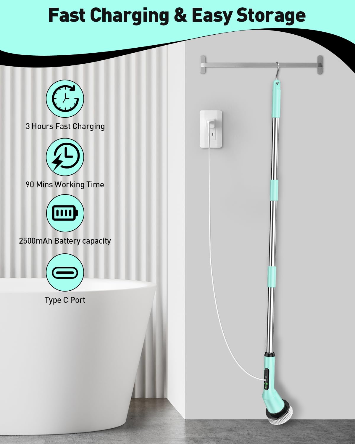 Electric Spin Scrubber for Cleaning Bathroom, Shower Scrubber Cordless Cleaning Brush with IPX7 Waterproof & 2 Speed, 3 Brush Heads, Bathroom Cleaning Supplies for Shower Tub Tile Toilet Grey