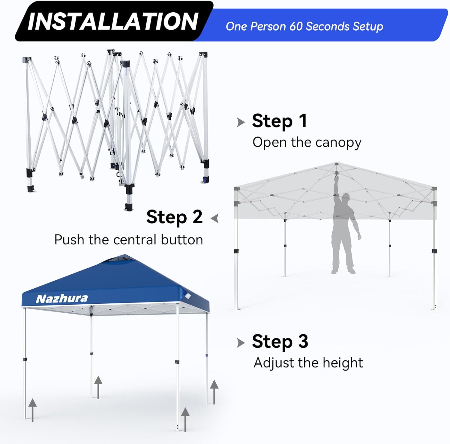 Nazhura 10' x 10' Pop Up Canopy Tent with Sand Weight Bag, Freestanding Sun Shelter for Picnic and Camping, One Person Setup and Height Adjustable (Blue)