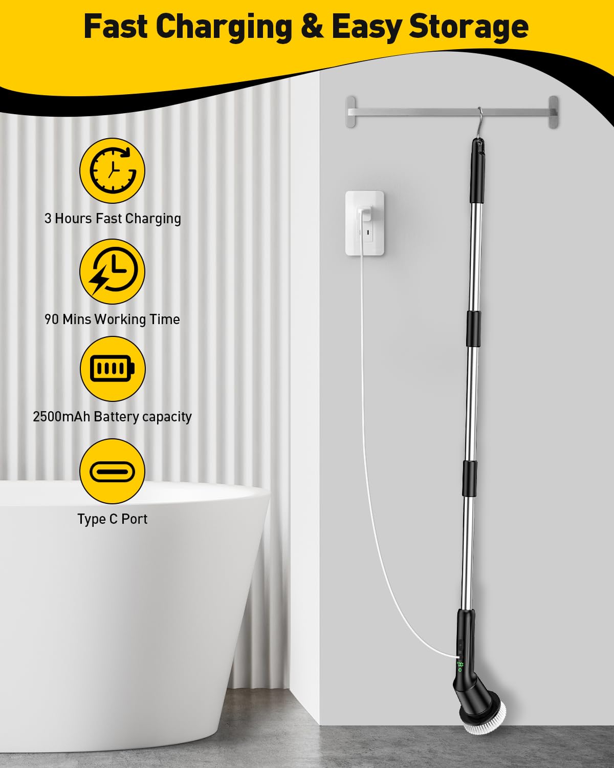 Electric Spin Scrubber for Cleaning Bathroom, Shower Scrubber Cordless Cleaning Brush with IPX7 Waterproof & 2 Speed, 3 Brush Heads, Bathroom Cleaning Supplies for Shower Tub Tile Toilet Grey