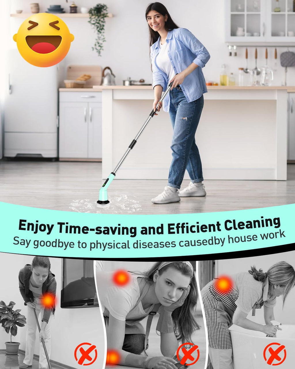 Electric Spin Scrubber for Cleaning Bathroom, Shower Scrubber Cordless Cleaning Brush with IPX7 Waterproof & 2 Speed, 3 Brush Heads, Bathroom Cleaning Supplies for Shower Tub Tile Toilet Grey