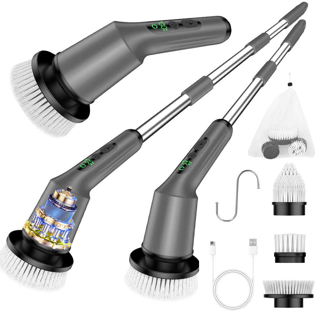 Electric Spin Scrubber for Cleaning Bathroom, Shower Scrubber Cordless Cleaning Brush with IPX7 Waterproof & 2 Speed, 3 Brush Heads, Bathroom Cleaning Supplies for Shower Tub Tile Toilet Grey