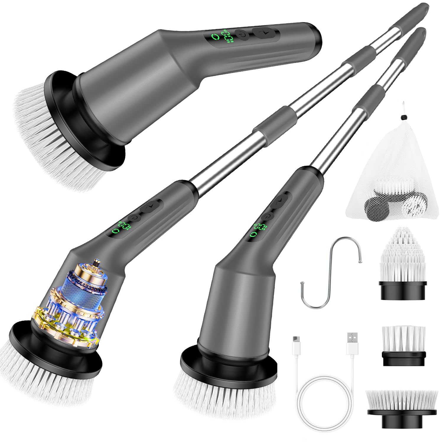 Electric Spin Scrubber for Cleaning Bathroom, Shower Scrubber Cordless Cleaning Brush with IPX7 Waterproof & 2 Speed, 3 Brush Heads, Bathroom Cleaning Supplies for Shower Tub Tile Toilet Grey