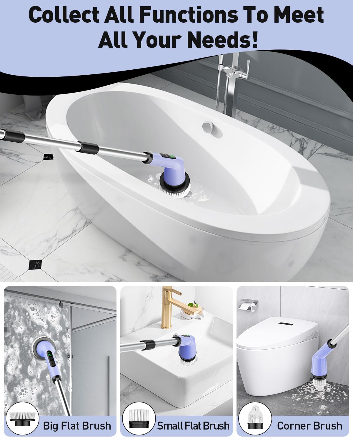 Electric Spin Scrubber for Cleaning Bathroom, Shower Scrubber Cordless Cleaning Brush with IPX7 Waterproof & 2 Speed, 3 Brush Heads, Bathroom Cleaning Supplies for Shower Tub Tile Toilet Grey