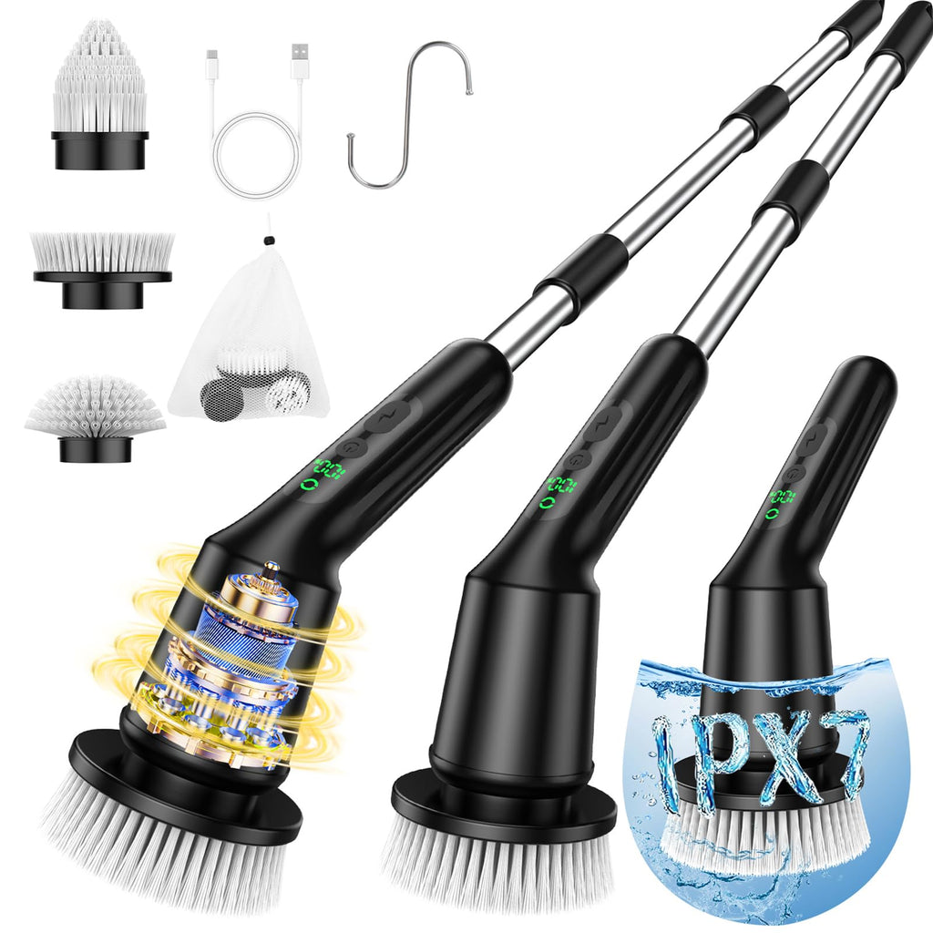 Electric Spin Scrubber for Cleaning Bathroom, Shower Scrubber Cordless Cleaning Brush with IPX7 Waterproof & 2 Speed, 3 Brush Heads, Bathroom Cleaning Supplies for Shower Tub Tile Toilet Grey