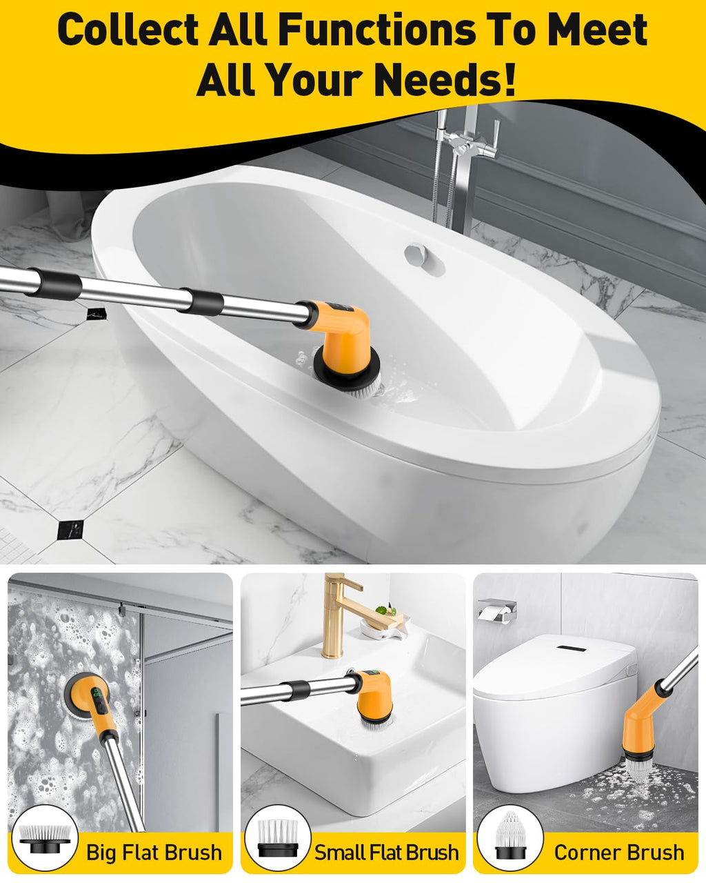 Electric Spin Scrubber for Cleaning Bathroom, Shower Scrubber Cordless Cleaning Brush with IPX7 Waterproof & 2 Speed, 3 Brush Heads, Bathroom Cleaning Supplies for Shower Tub Tile Toilet Grey
