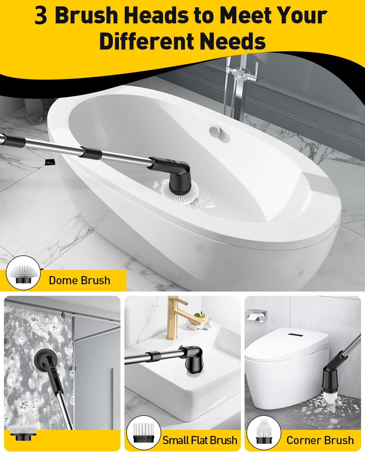 Electric Spin Scrubber for Cleaning Bathroom, Shower Scrubber Cordless Cleaning Brush with IPX7 Waterproof & 2 Speed, 3 Brush Heads, Bathroom Cleaning Supplies for Shower Tub Tile Toilet Grey