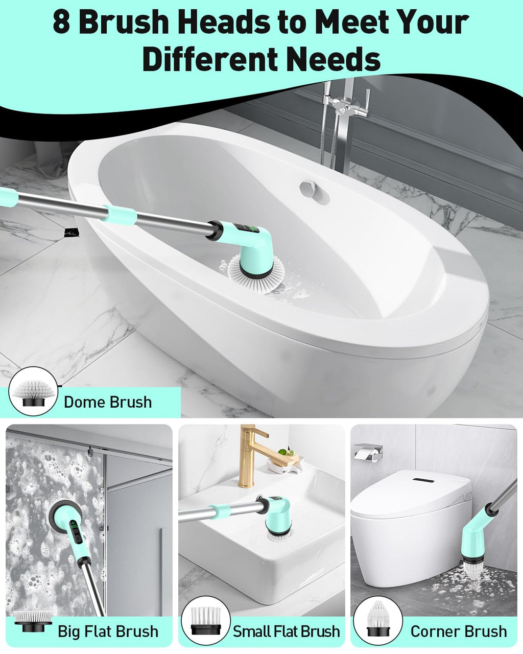 Electric Spin Scrubber for Cleaning Bathroom, Shower Scrubber Cordless Cleaning Brush with IPX7 Waterproof & 2 Speed, 3 Brush Heads, Bathroom Cleaning Supplies for Shower Tub Tile Toilet Grey