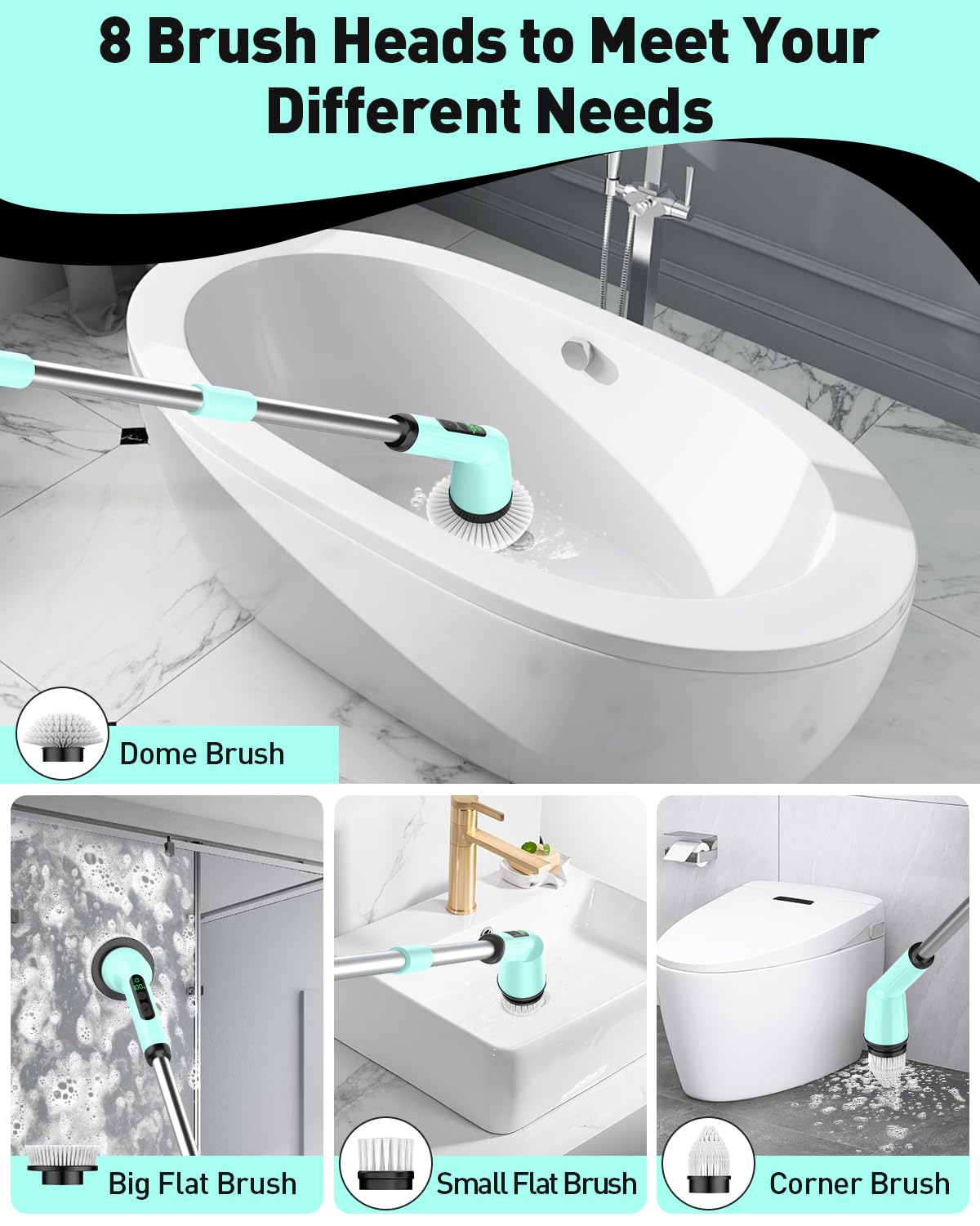 Electric Spin Scrubber for Cleaning Bathroom, Shower Scrubber Cordless Cleaning Brush with IPX7 Waterproof & 2 Speed, 3 Brush Heads, Bathroom Cleaning Supplies for Shower Tub Tile Toilet Grey