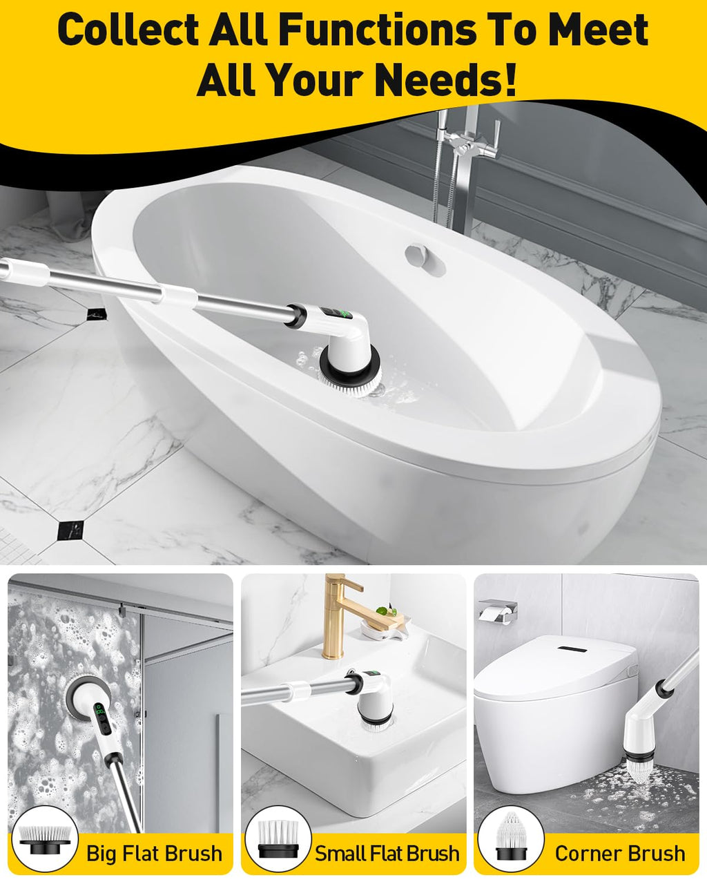 Electric Spin Scrubber for Cleaning Bathroom, Shower Scrubber Cordless Cleaning Brush with IPX7 Waterproof & 2 Speed, 3 Brush Heads, Bathroom Cleaning Supplies for Shower Tub Tile Toilet Grey