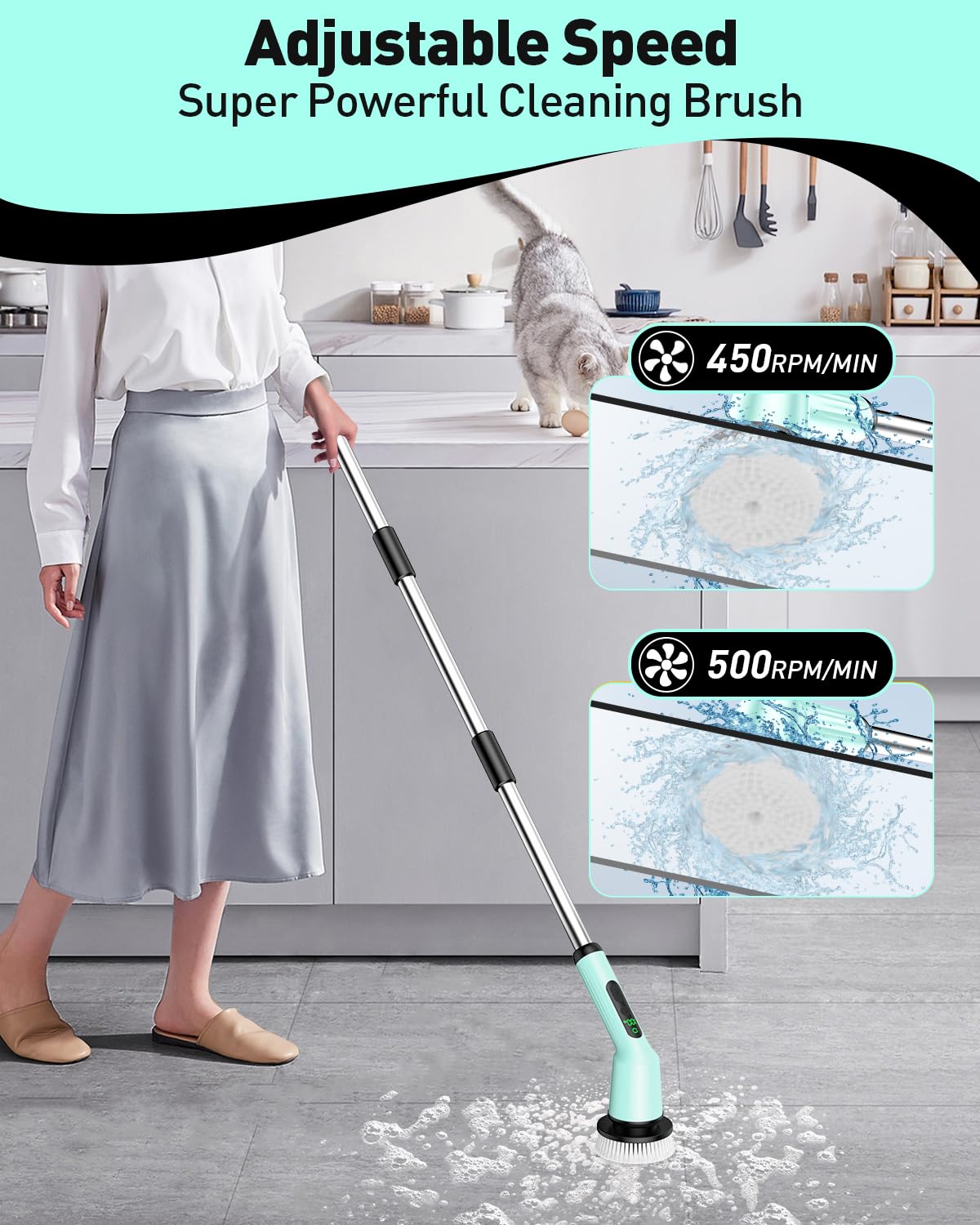 Electric Spin Scrubber for Cleaning Bathroom, Shower Scrubber Cordless Cleaning Brush with IPX7 Waterproof & 2 Speed, 3 Brush Heads, Bathroom Cleaning Supplies for Shower Tub Tile Toilet Grey