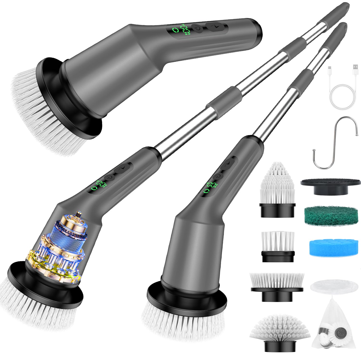 Electric Spin Scrubber for Cleaning Bathroom, Shower Scrubber Cordless Cleaning Brush with IPX7 Waterproof & 2 Speed, 3 Brush Heads, Bathroom Cleaning Supplies for Shower Tub Tile Toilet Grey