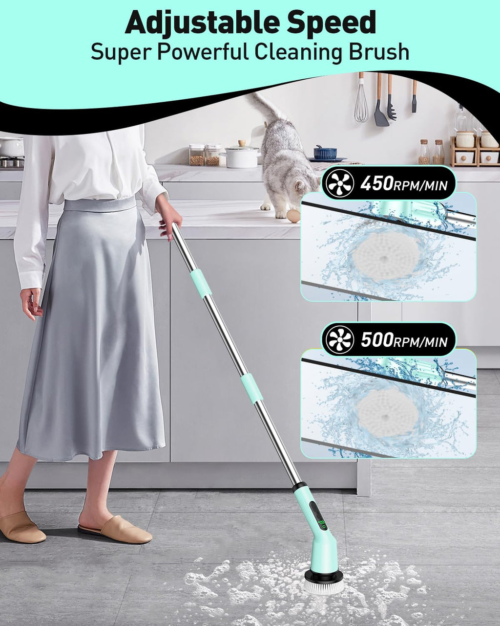 Electric Spin Scrubber for Cleaning Bathroom, Shower Scrubber Cordless Cleaning Brush with IPX7 Waterproof & 2 Speed, 3 Brush Heads, Bathroom Cleaning Supplies for Shower Tub Tile Toilet Grey