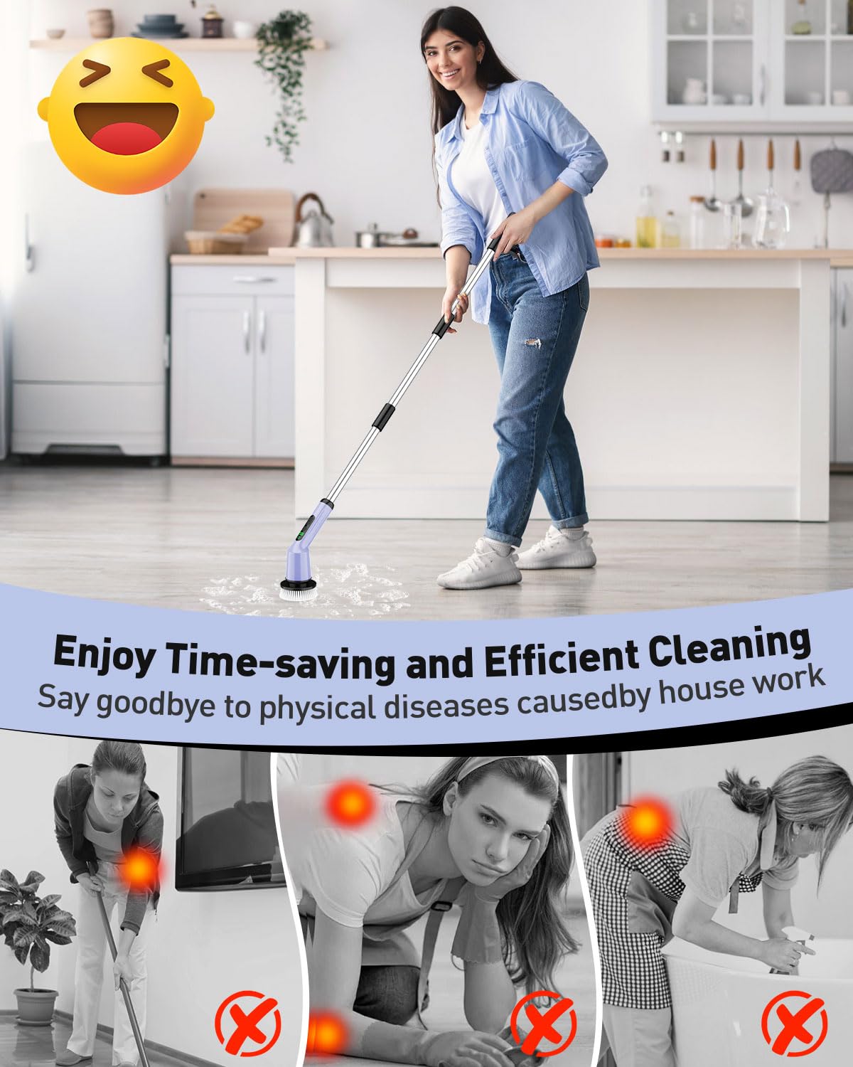 Electric Spin Scrubber for Cleaning Bathroom, Shower Scrubber Cordless Cleaning Brush with IPX7 Waterproof & 2 Speed, 3 Brush Heads, Bathroom Cleaning Supplies for Shower Tub Tile Toilet Grey