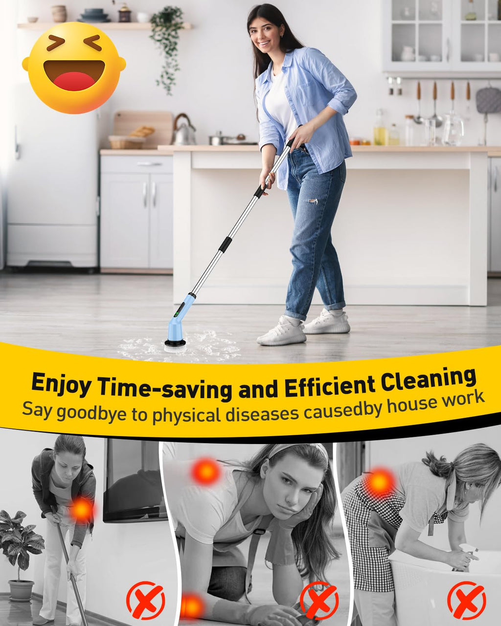 Electric Spin Scrubber for Cleaning Bathroom, Shower Scrubber Cordless Cleaning Brush with IPX7 Waterproof & 2 Speed, 3 Brush Heads, Bathroom Cleaning Supplies for Shower Tub Tile Toilet Grey