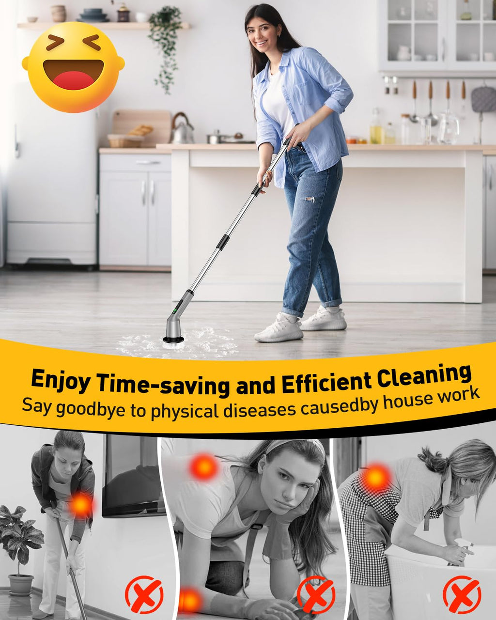 Electric Spin Scrubber for Cleaning Bathroom, Shower Scrubber Cordless Cleaning Brush with IPX7 Waterproof & 2 Speed, 3 Brush Heads, Bathroom Cleaning Supplies for Shower Tub Tile Toilet Grey