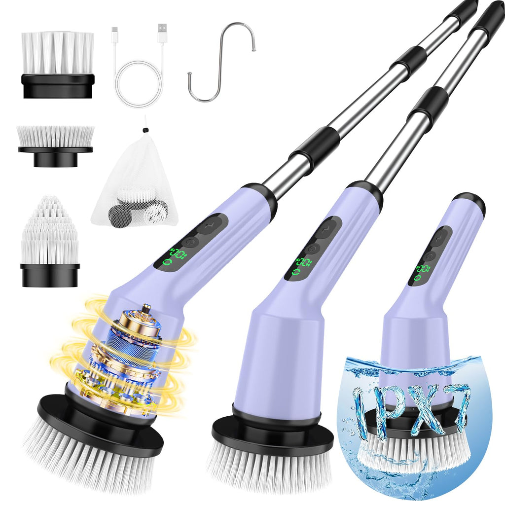 Electric Spin Scrubber for Cleaning Bathroom, Shower Scrubber Cordless Cleaning Brush with IPX7 Waterproof & 2 Speed, 3 Brush Heads, Bathroom Cleaning Supplies for Shower Tub Tile Toilet Grey