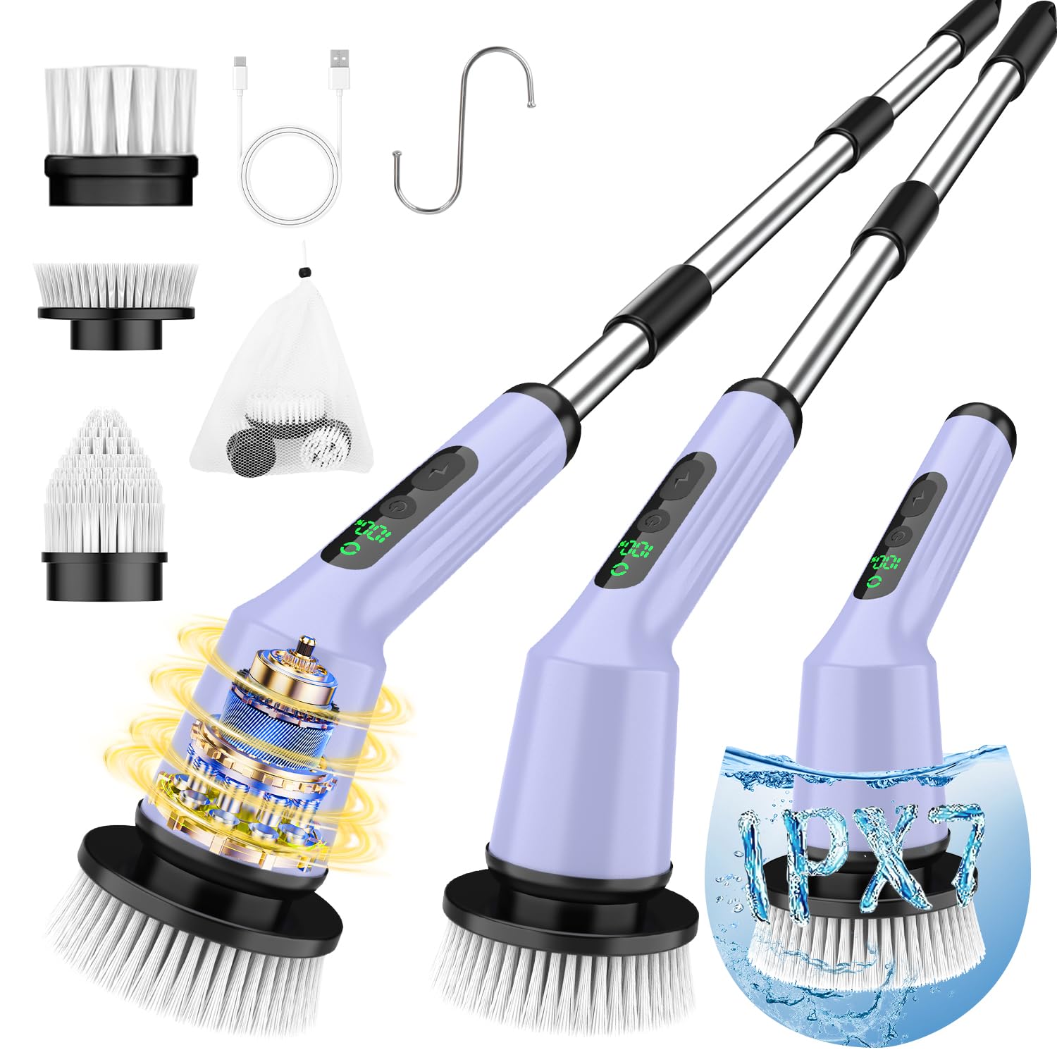Electric Spin Scrubber for Cleaning Bathroom, Shower Scrubber Cordless Cleaning Brush with IPX7 Waterproof & 2 Speed, 3 Brush Heads, Bathroom Cleaning Supplies for Shower Tub Tile Toilet Grey