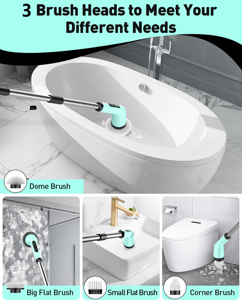 Electric Spin Scrubber for Cleaning Bathroom, Shower Scrubber Cordless Cleaning Brush with IPX7 Waterproof & 2 Speed, 3 Brush Heads, Bathroom Cleaning Supplies for Shower Tub Tile Toilet Grey