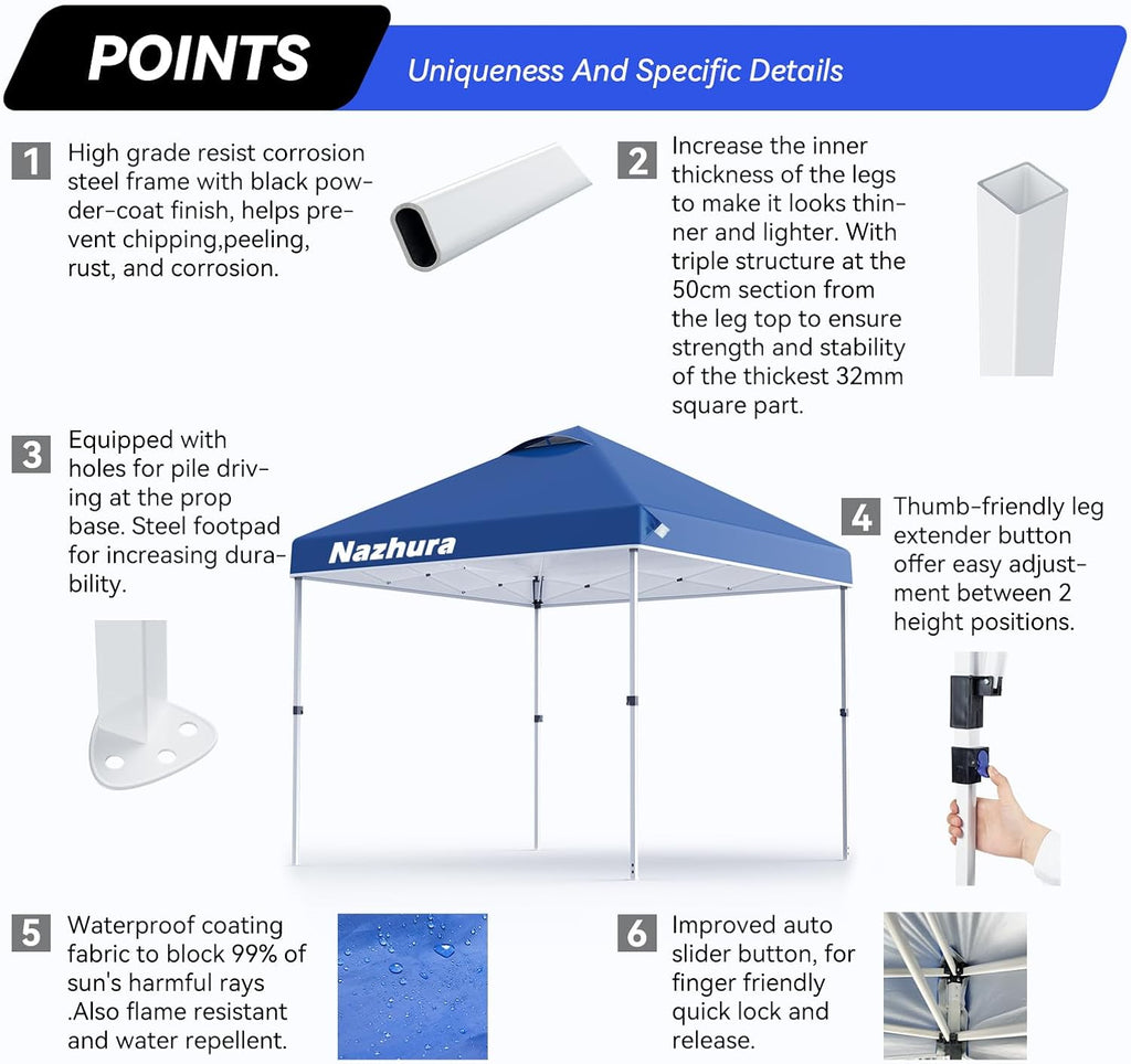 Nazhura 10' x 10' Pop Up Canopy Tent with Sand Weight Bag, Freestanding Sun Shelter for Picnic and Camping, One Person Setup and Height Adjustable (Blue)
