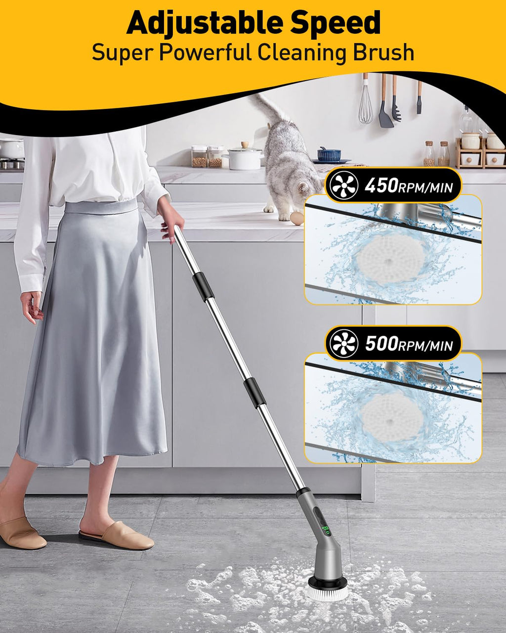 Electric Spin Scrubber for Cleaning Bathroom, Shower Scrubber Cordless Cleaning Brush with IPX7 Waterproof & 2 Speed, 3 Brush Heads, Bathroom Cleaning Supplies for Shower Tub Tile Toilet Grey