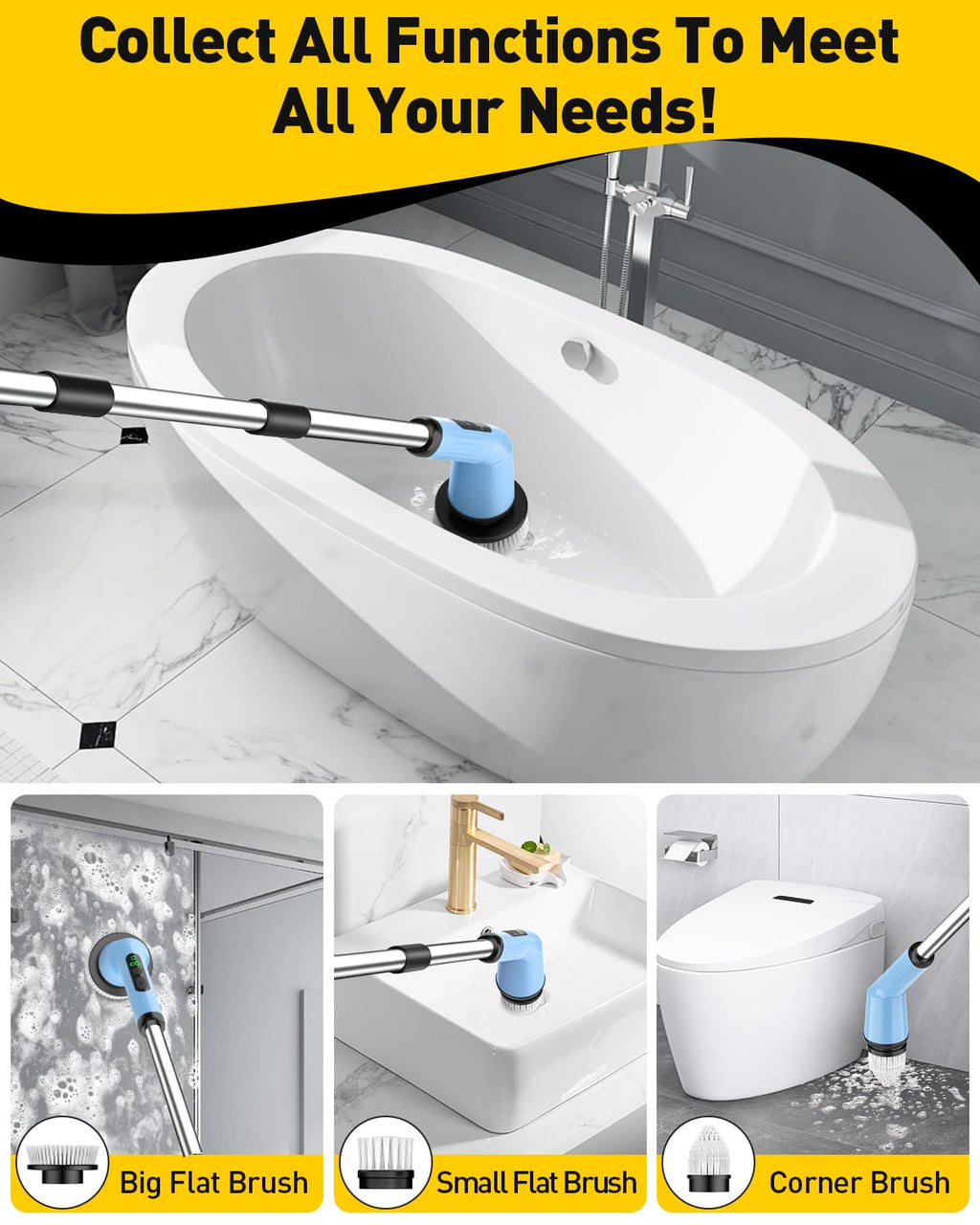 Electric Spin Scrubber for Cleaning Bathroom, Shower Scrubber Cordless Cleaning Brush with IPX7 Waterproof & 2 Speed, 3 Brush Heads, Bathroom Cleaning Supplies for Shower Tub Tile Toilet Grey