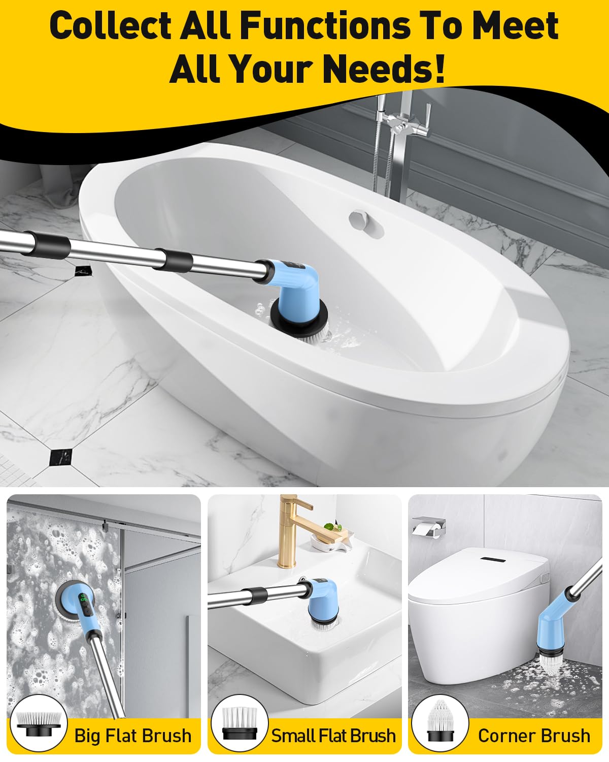 Electric Spin Scrubber for Cleaning Bathroom, Shower Scrubber Cordless Cleaning Brush with IPX7 Waterproof & 2 Speed, 3 Brush Heads, Bathroom Cleaning Supplies for Shower Tub Tile Toilet Grey