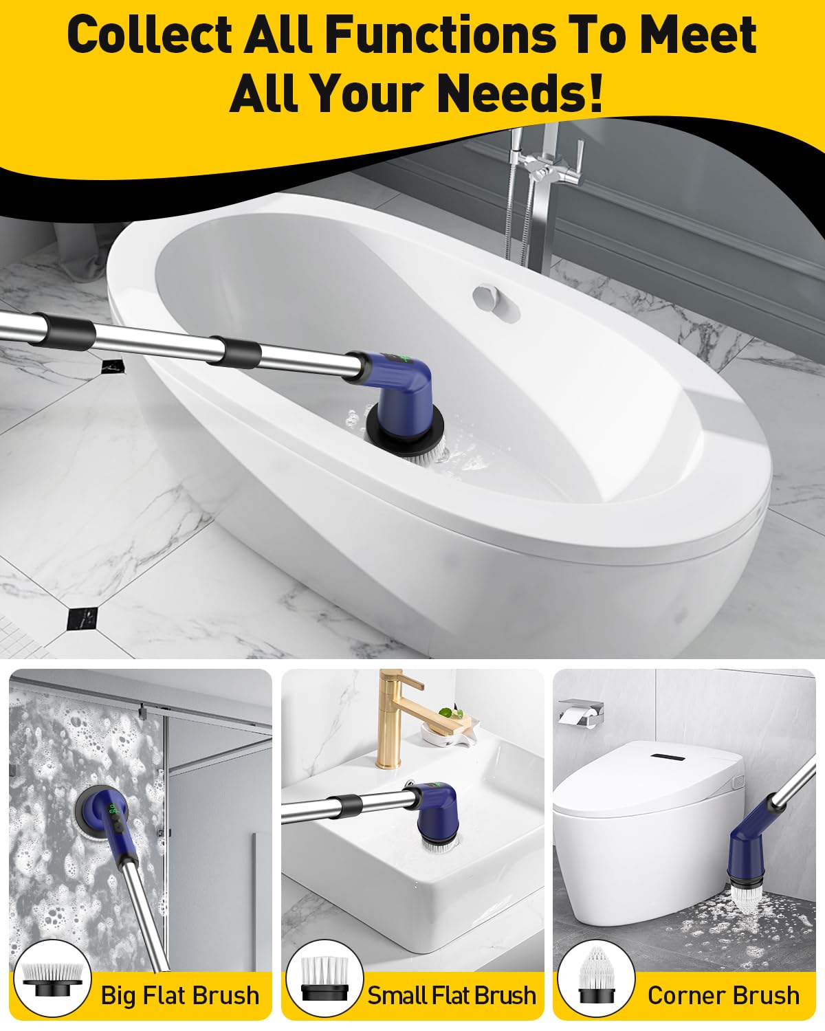 Electric Spin Scrubber for Cleaning Bathroom, Shower Scrubber Cordless Cleaning Brush with IPX7 Waterproof & 2 Speed, 3 Brush Heads, Bathroom Cleaning Supplies for Shower Tub Tile Toilet Grey