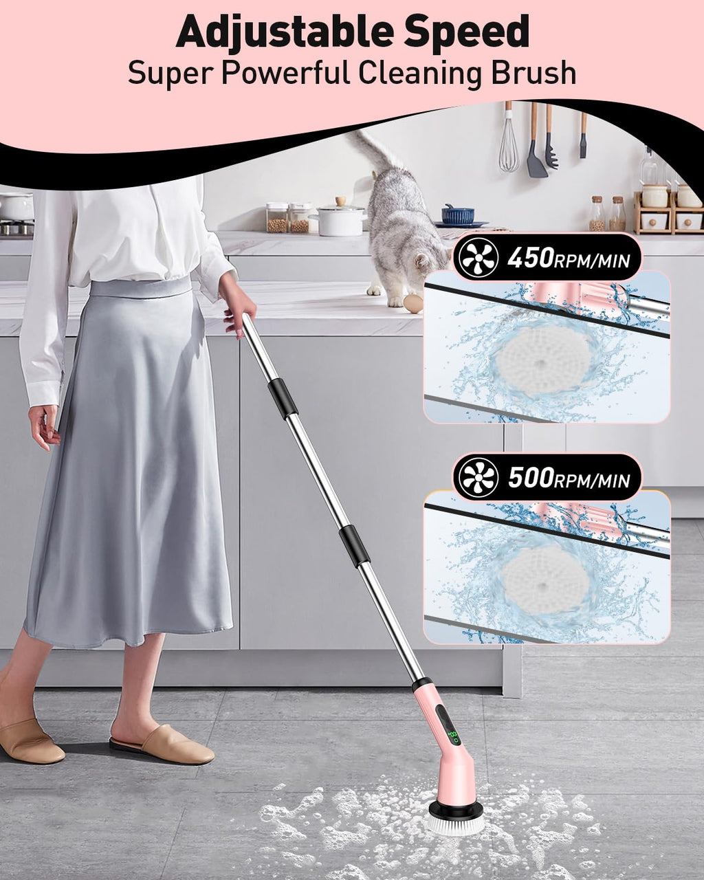 Electric Spin Scrubber for Cleaning Bathroom, Shower Scrubber Cordless Cleaning Brush with IPX7 Waterproof & 2 Speed, 3 Brush Heads, Bathroom Cleaning Supplies for Shower Tub Tile Toilet Grey