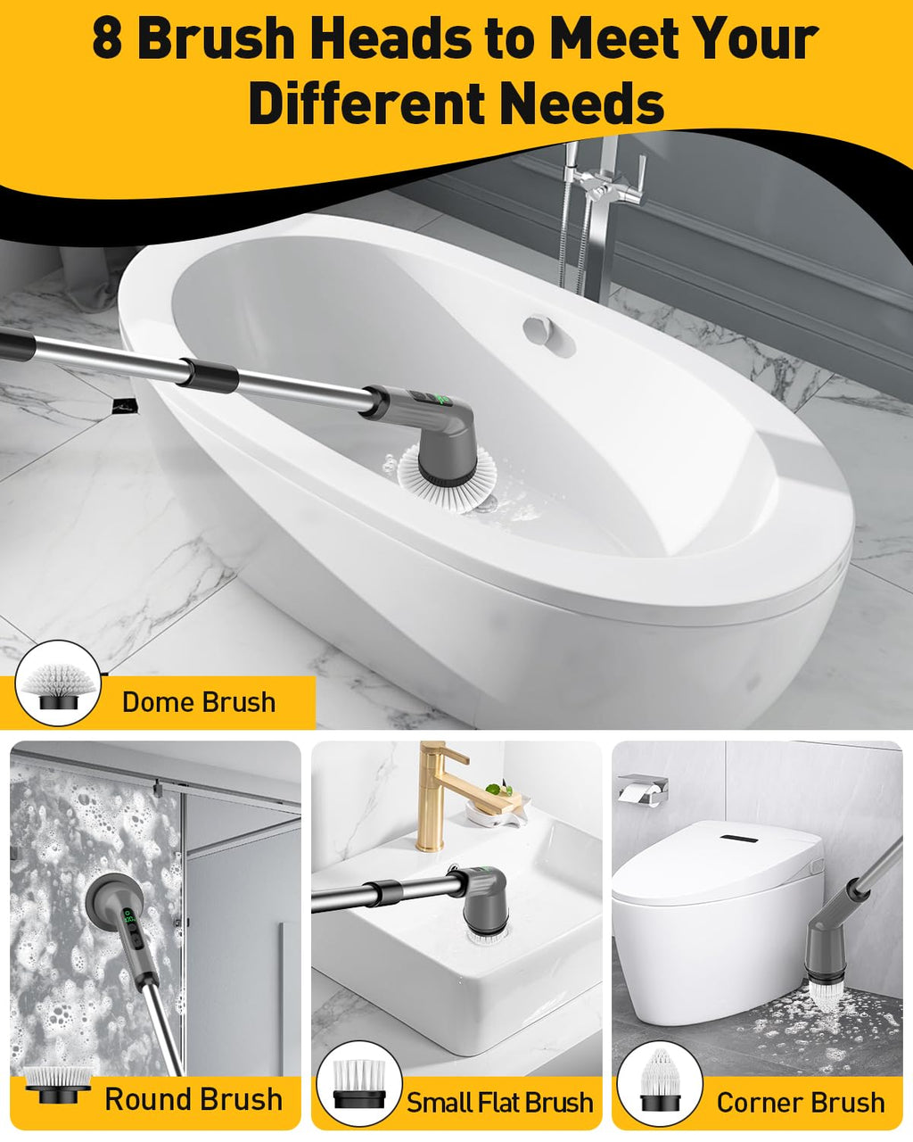 Electric Spin Scrubber for Cleaning Bathroom, Shower Scrubber Cordless Cleaning Brush with IPX7 Waterproof & 2 Speed, 3 Brush Heads, Bathroom Cleaning Supplies for Shower Tub Tile Toilet Grey