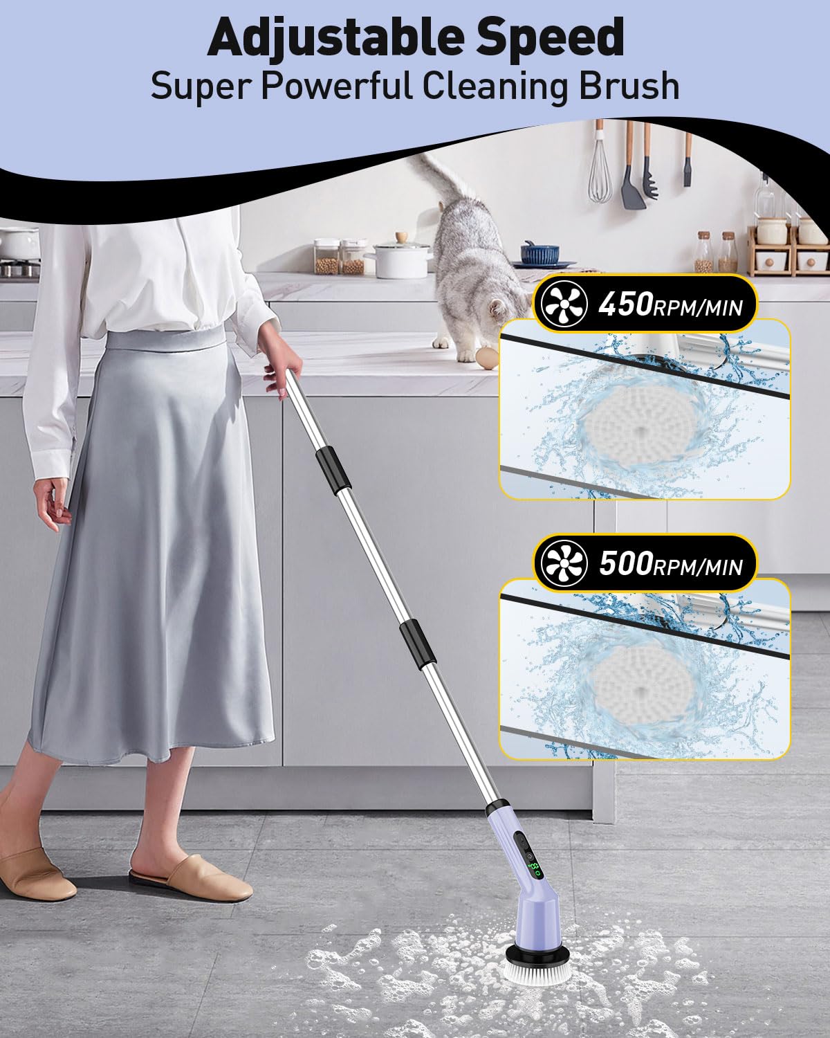 Electric Spin Scrubber for Cleaning Bathroom, Shower Scrubber Cordless Cleaning Brush with IPX7 Waterproof & 2 Speed, 3 Brush Heads, Bathroom Cleaning Supplies for Shower Tub Tile Toilet Grey