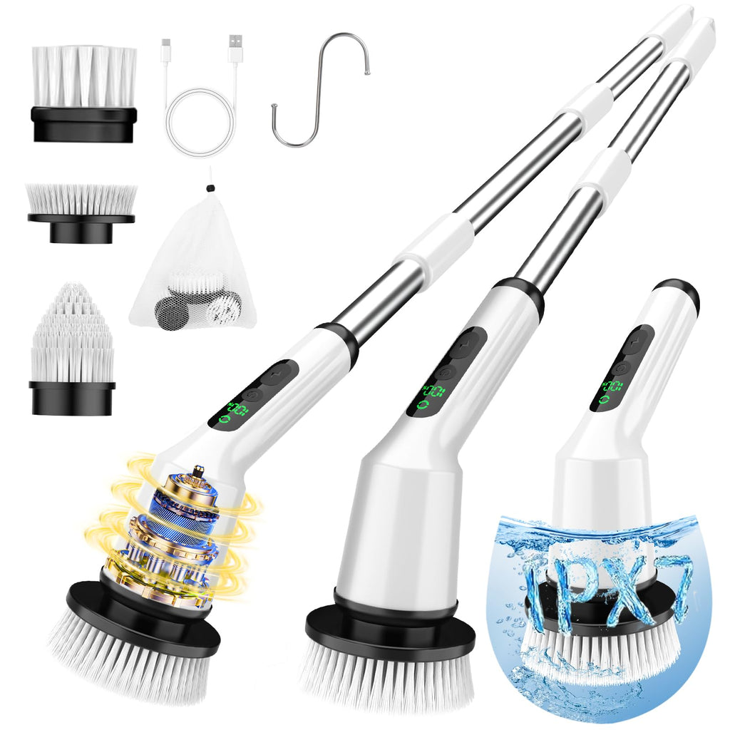 Electric Spin Scrubber for Cleaning Bathroom, Shower Scrubber Cordless Cleaning Brush with IPX7 Waterproof & 2 Speed, 3 Brush Heads, Bathroom Cleaning Supplies for Shower Tub Tile Toilet Grey