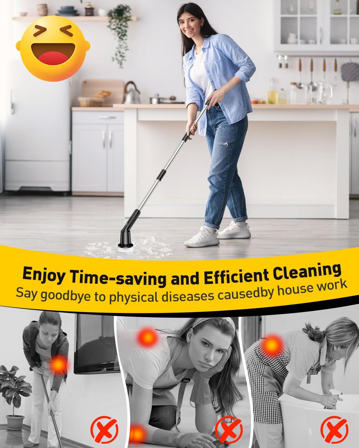 Electric Spin Scrubber for Cleaning Bathroom, Shower Scrubber Cordless Cleaning Brush with IPX7 Waterproof & 2 Speed, 3 Brush Heads, Bathroom Cleaning Supplies for Shower Tub Tile Toilet Grey