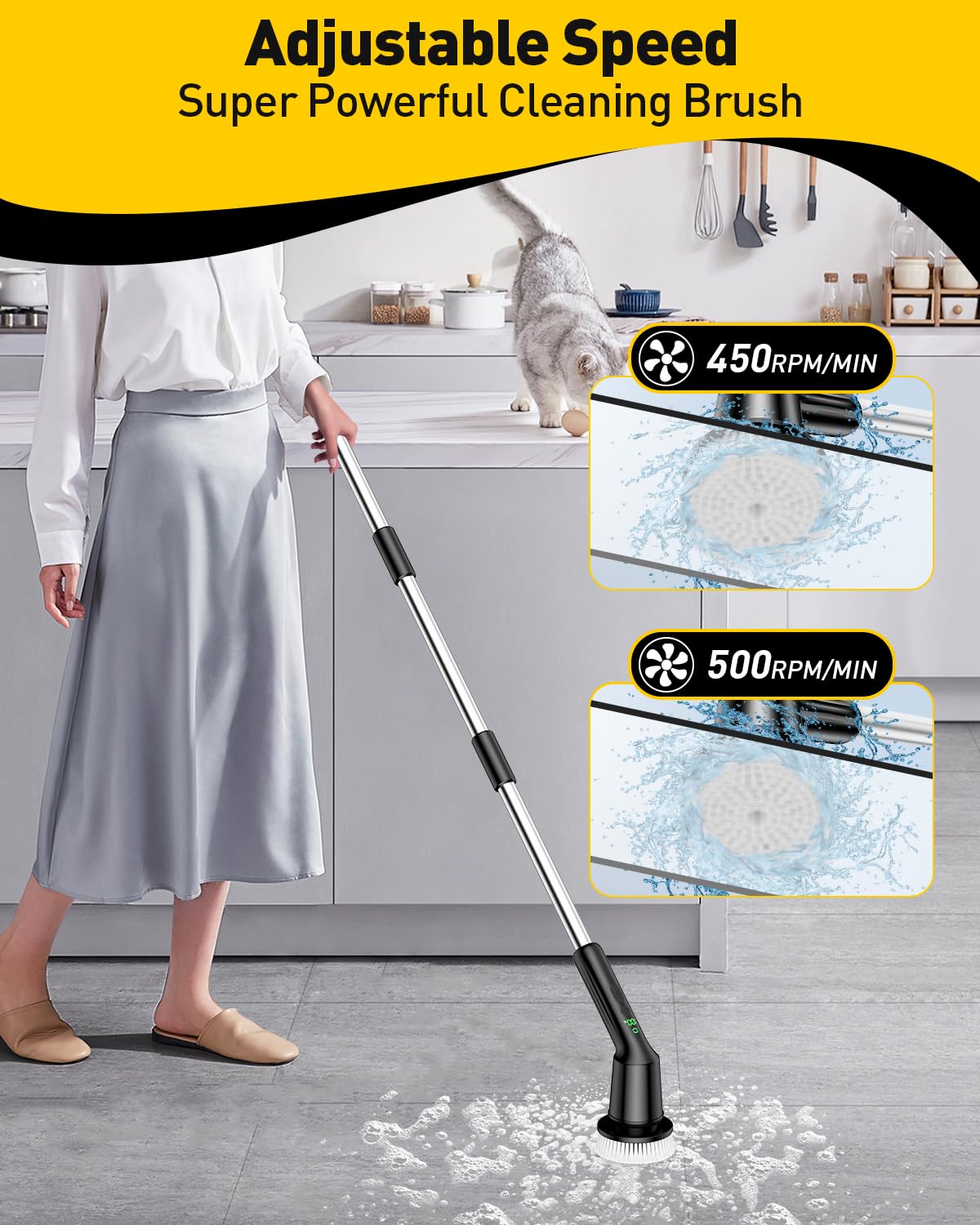Electric Spin Scrubber for Cleaning Bathroom, Shower Scrubber Cordless Cleaning Brush with IPX7 Waterproof & 2 Speed, 3 Brush Heads, Bathroom Cleaning Supplies for Shower Tub Tile Toilet Grey