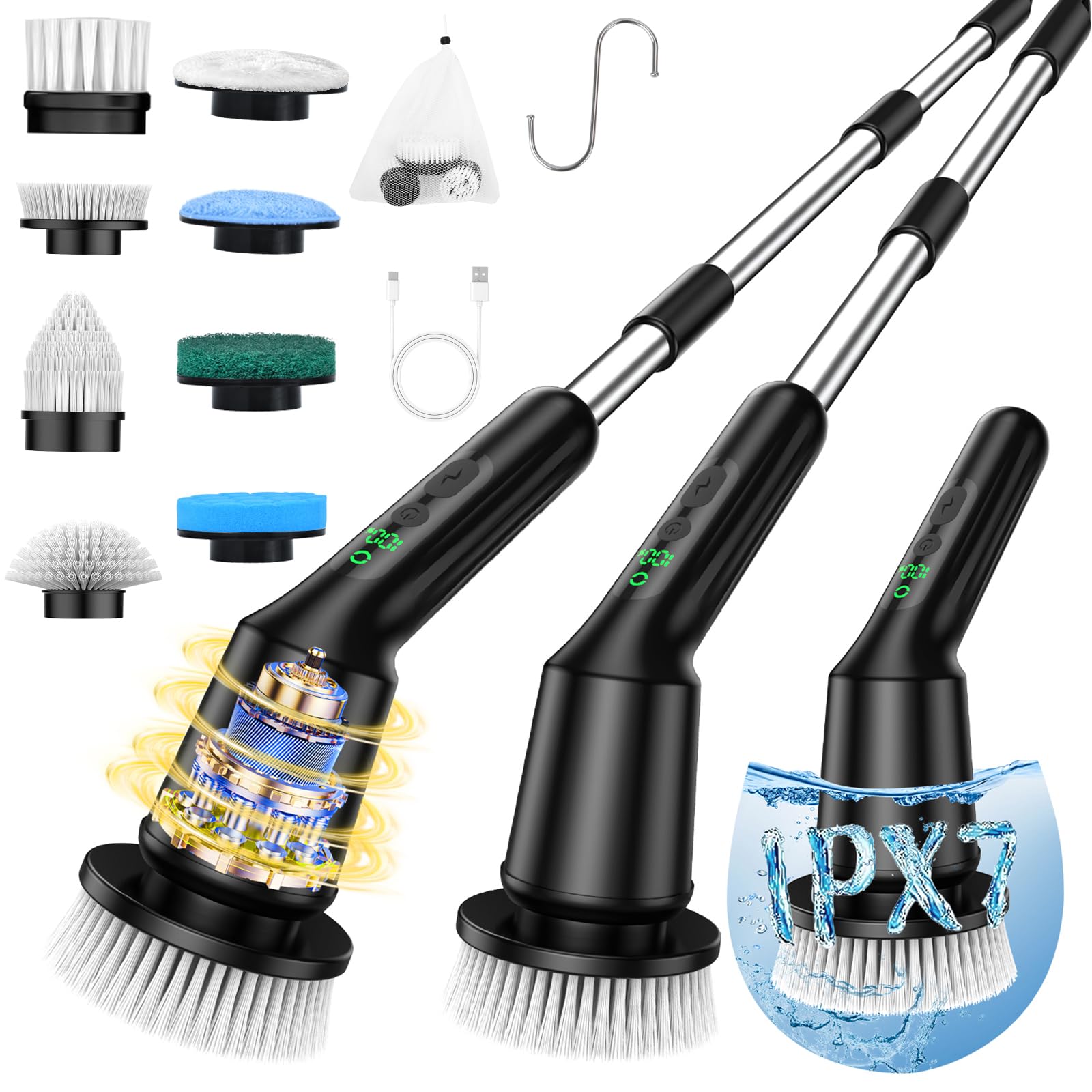 Electric Spin Scrubber for Cleaning Bathroom, Shower Scrubber Cordless Cleaning Brush with IPX7 Waterproof & 2 Speed, 3 Brush Heads, Bathroom Cleaning Supplies for Shower Tub Tile Toilet Grey